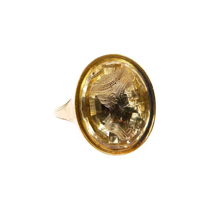Late 18th century oval citrine intaglio and gold ring